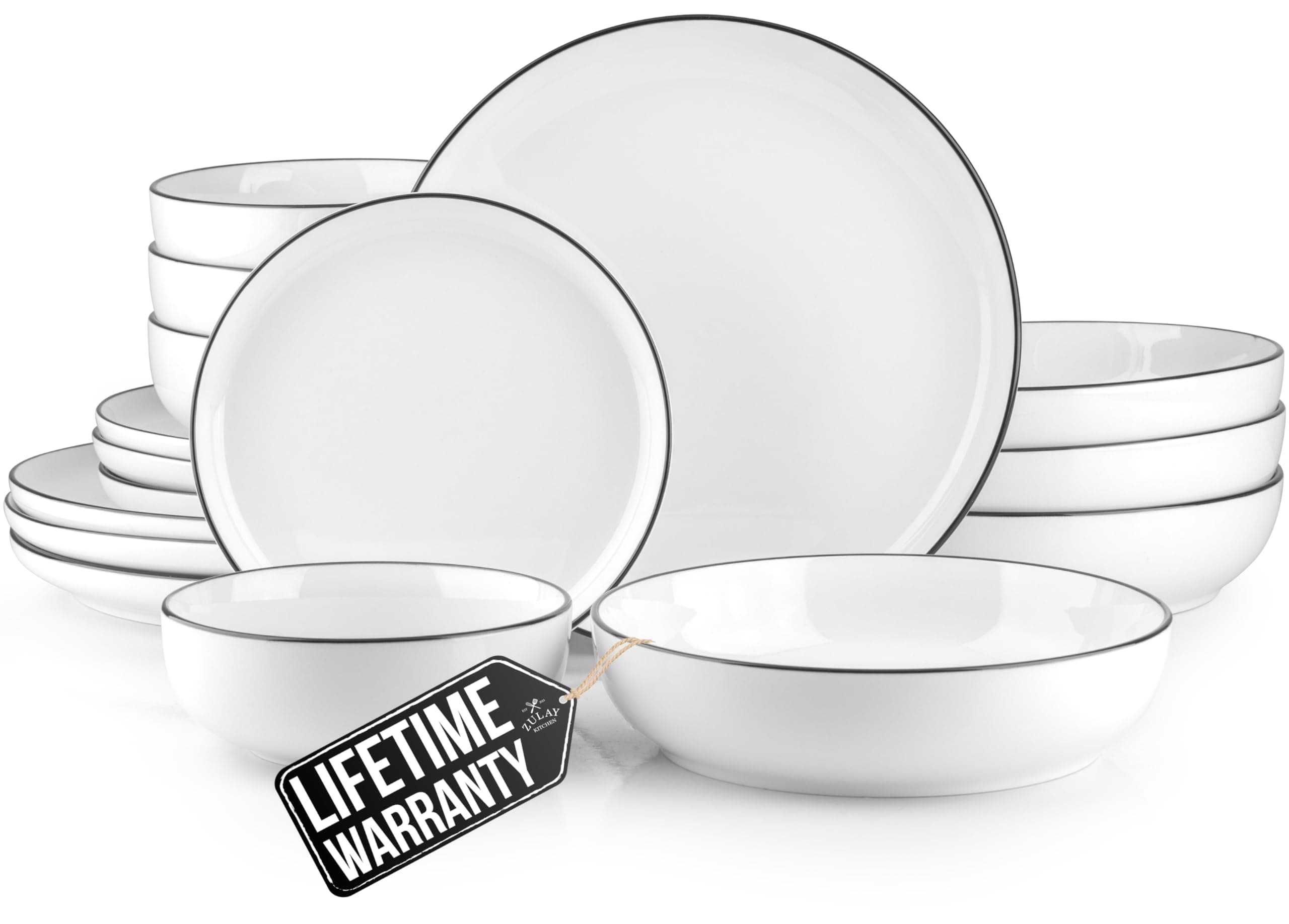 Zulay Kitchen Nova Porcelain Dinnerware Set, Service For 4 - Chip & Scratch Resistant White Plates And Bowls Sets - Microwave & Dishwasher Safe - White With Black Rim