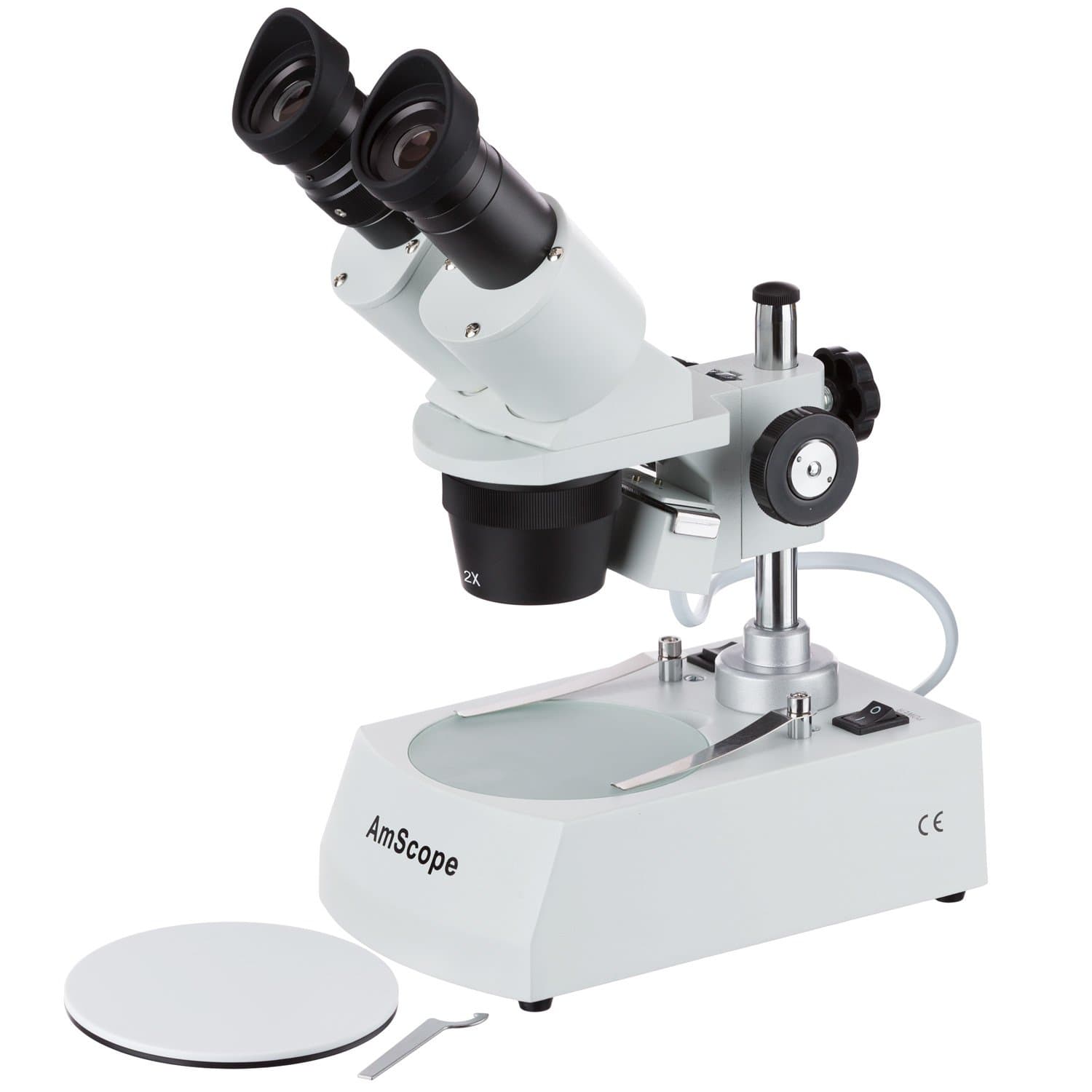 AmScope SE306R-P20 Forward-Mounted Binocular Stereo Microscope, WF20x Eyepieces, 40X and 80X Magnification, 2X and 4X Objectives, Upper and Lower Halogen Lighting, Reversible Black/White Stage Plate, Pillar Stand, 120V