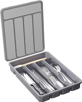 Cutlery Tray with Lid, Cutlery Storage Box for Kitchen Drawer and Countertop, Utensil Flatware Silverware Holder Divider for Spoons Forks Knives Tableware, 5 Compartment, Grey