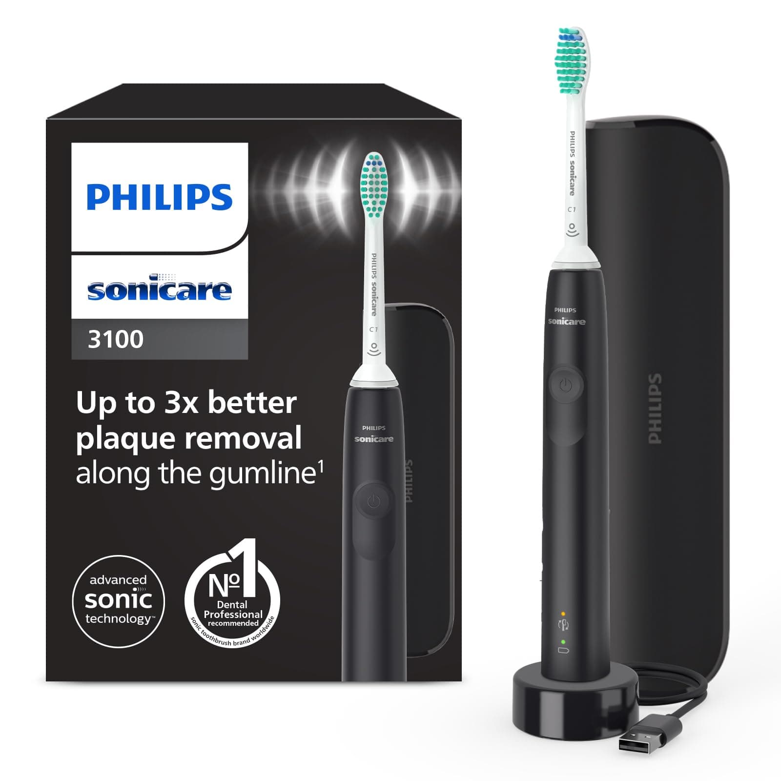 Sonicare 3100 Electric Toothbrush, Sonic Toothbrush, Pressure Sensor and Timer, Travel Case, Black, HX3673/14