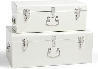 Beautify Storage Trunks, Set of 2 Cream Stainless Steel Storage Chests w/Silver Detailing, Stackable Bedroom Storage Organiser w/Lockable Lids, Sturdy Multi-Purpose Bedding, Blanket & Toy Box