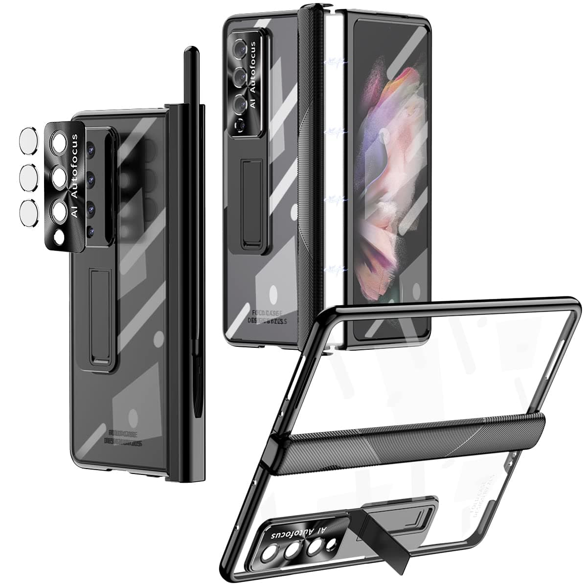 NP for Galaxy Z Fold 3 5g Case with Pen & Magnetic Pen Holder, Kickstand Case [Magnetic Hinge Protection] [Built in Screen & Camera Lens Protector] Cover case for Samsung Z Fold 3 Clear Case (Black)