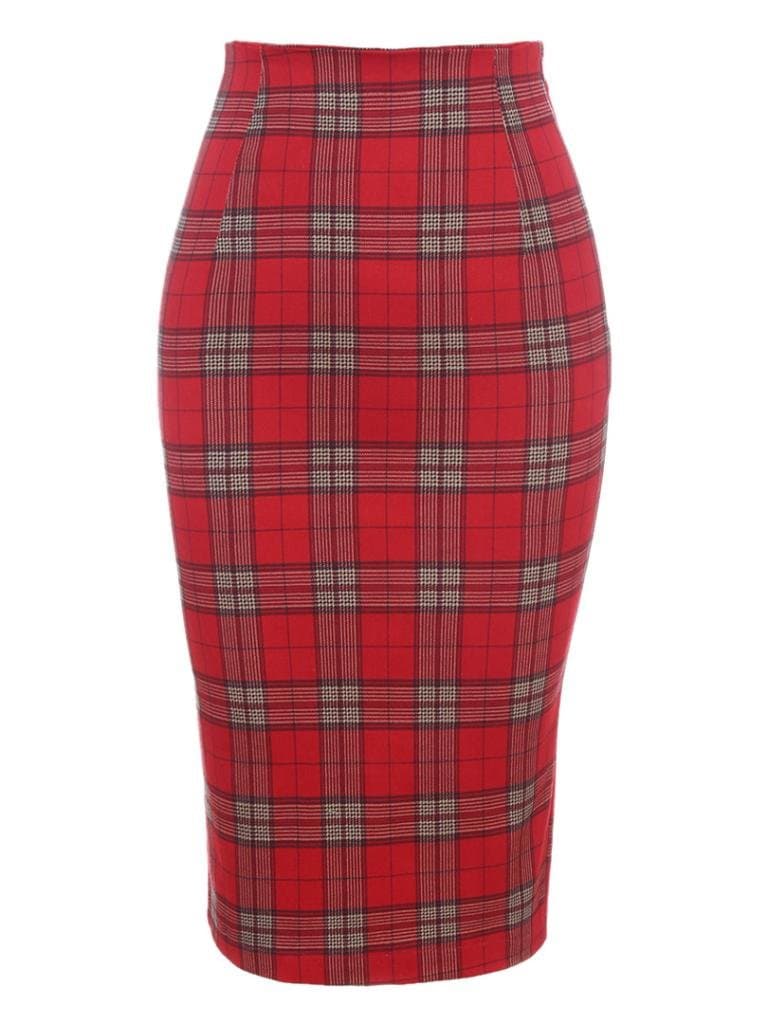 Choies Women's Polyester Plaid High Waist Multi Mid Calf Back Slit Pencil Skirt