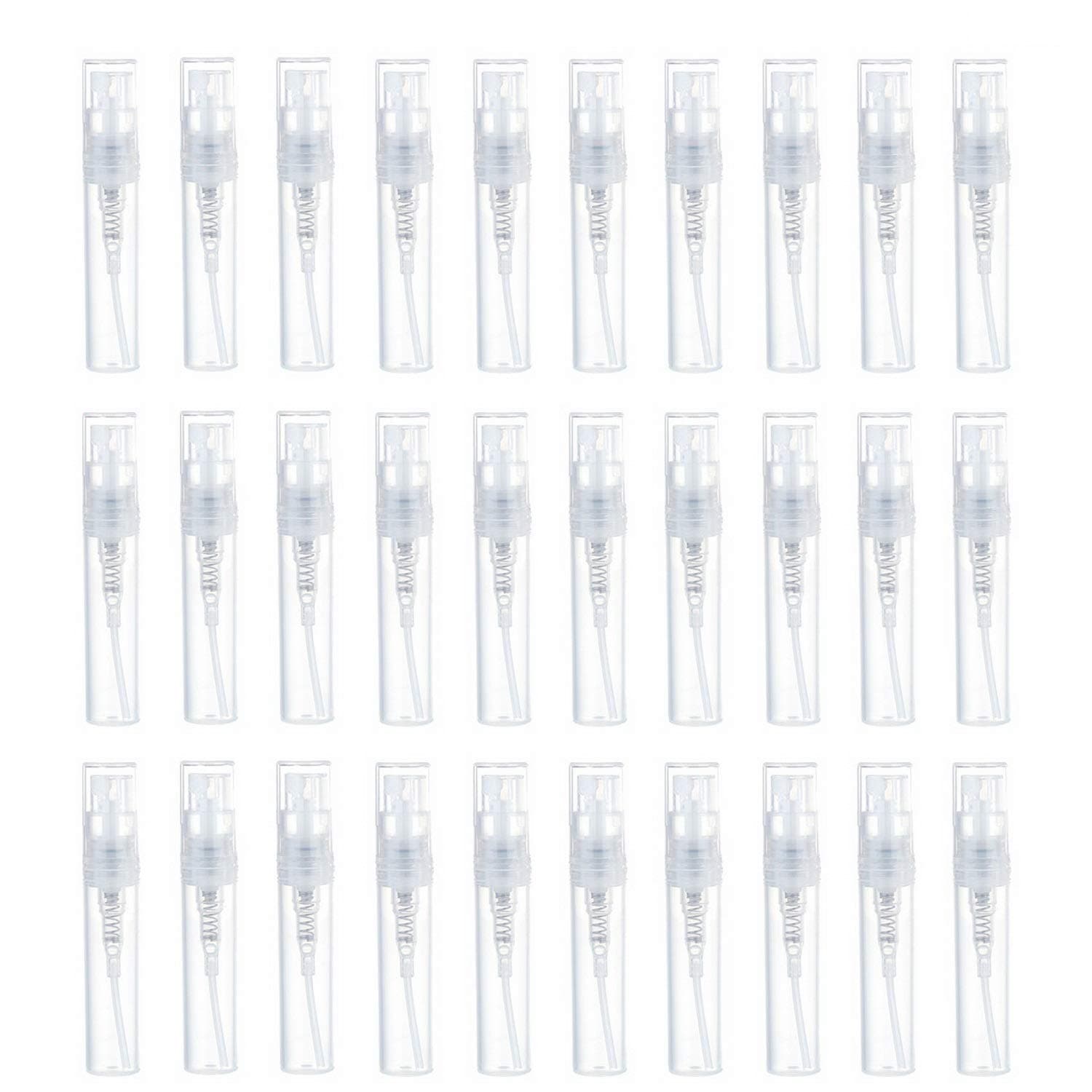 nuoshen 90Pcs Mini Spray Empty Bottles, Atomizer Plastic Bottle Portable Perfume Empty Sample Bottle for Liquid Makeup Tool (2ml)
