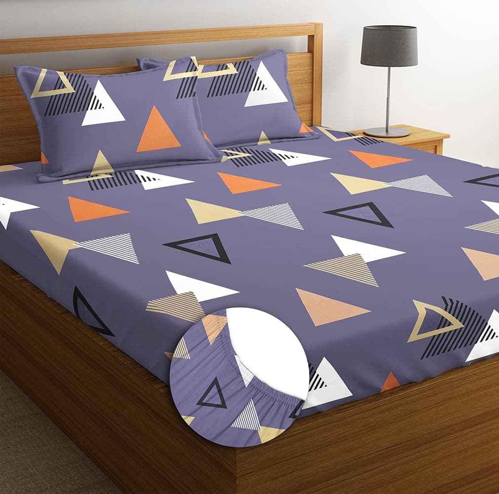 BSB HOME Premium 100% Microfiber Elastic Fitted Bedsheets with 2 Pillow Covers | Double Bed with All Around Elastic 180 TC Supersoft | for 78x72+10 Mattress (Trangle, Grey & White)