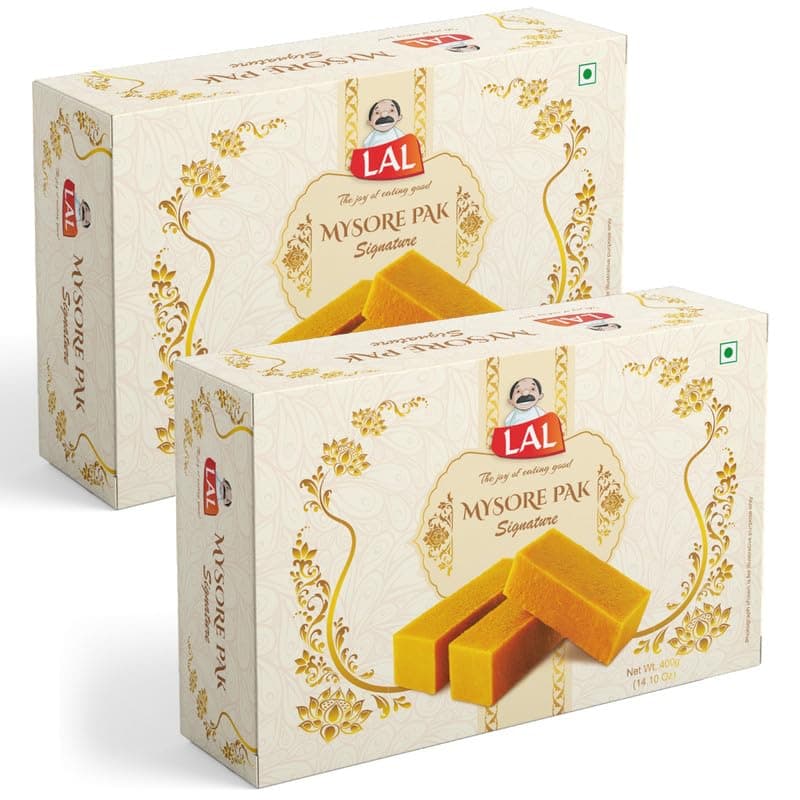 Lal Sweets Mysore Pak 400g x 2 Pack | Authentic Indian Sweet with Pure Desi Ghee | Melt-in-Mouth Texture | Indian Mithai