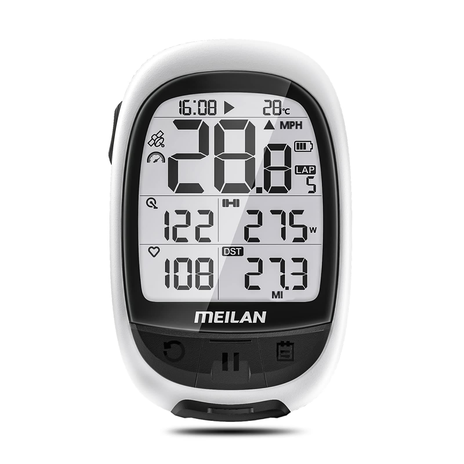 MEILAN Oval GPS Bike Computer, LCD 2.4in, Wireless Bluetooth ANT+, Waterproof, Rechargeable, Fits All Bikes, MLBCM2, White, Supports Speed, Cadence, Heart Rate Sensor & Power Meter