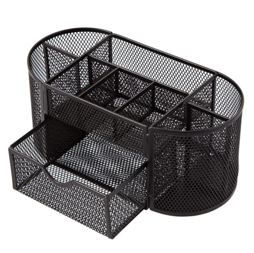CLOUDFOUR Mesh Desk Organizer Office Supplies Multi-Functional Caddy Pen Holder Stationery Organizer for Office, Home, School, Classroom (6 Compartments and 1 Drawer) (Black - Shape A)