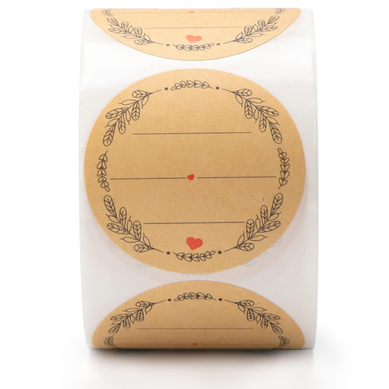 2'' Wreath Design with 3 Lines for Writing (500 Per Roll), Natural Brown Kraft Stickers for Store Owners, Crafts, Organizing, Jar and Canning Labels, Price Tags (Brown)