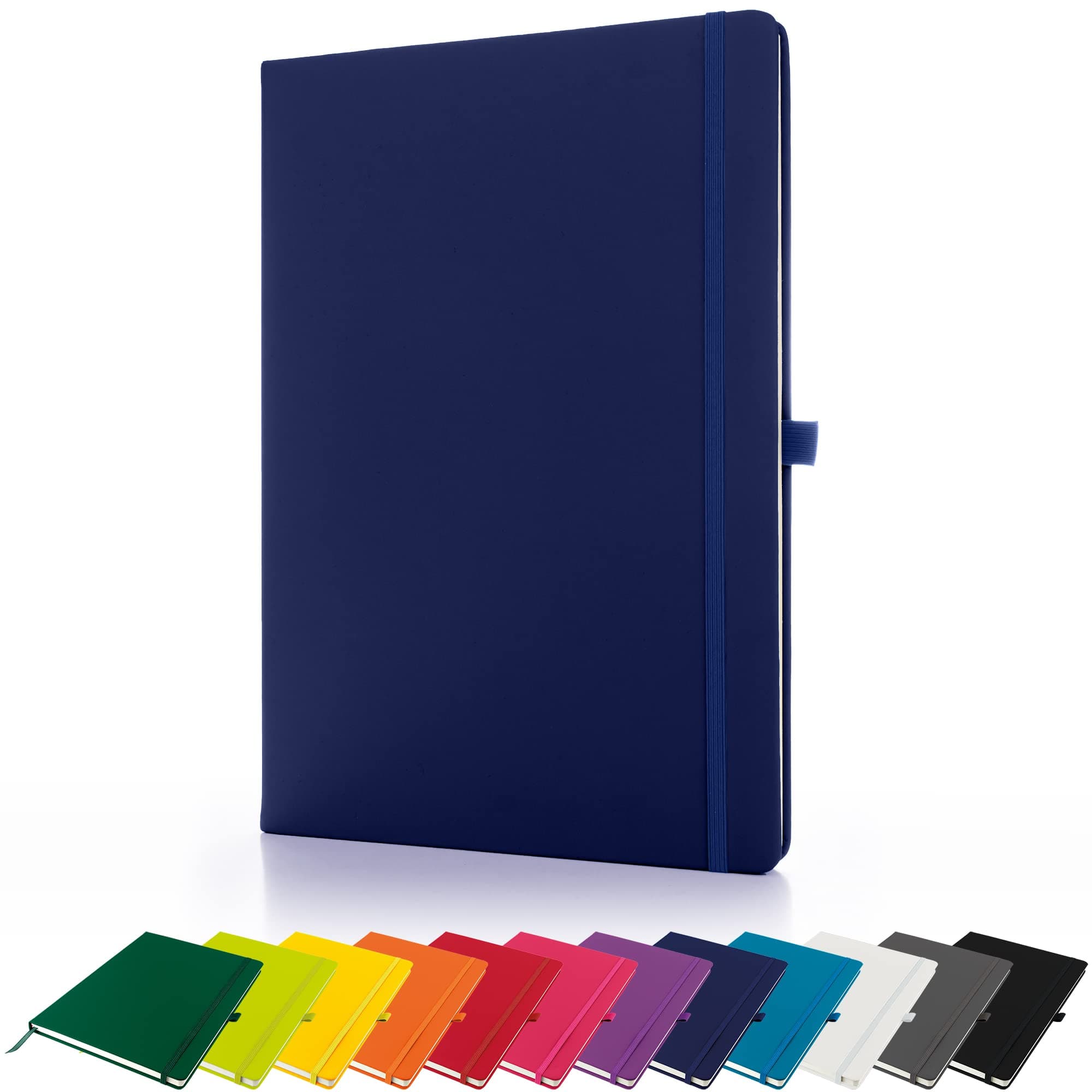 – Premium A4 Notebook New Lined Hardback Journal with Pen Loop,196 Page, Elastic Closure and Ribbon Marker Notepad Note Book Notes Pad (Navy)