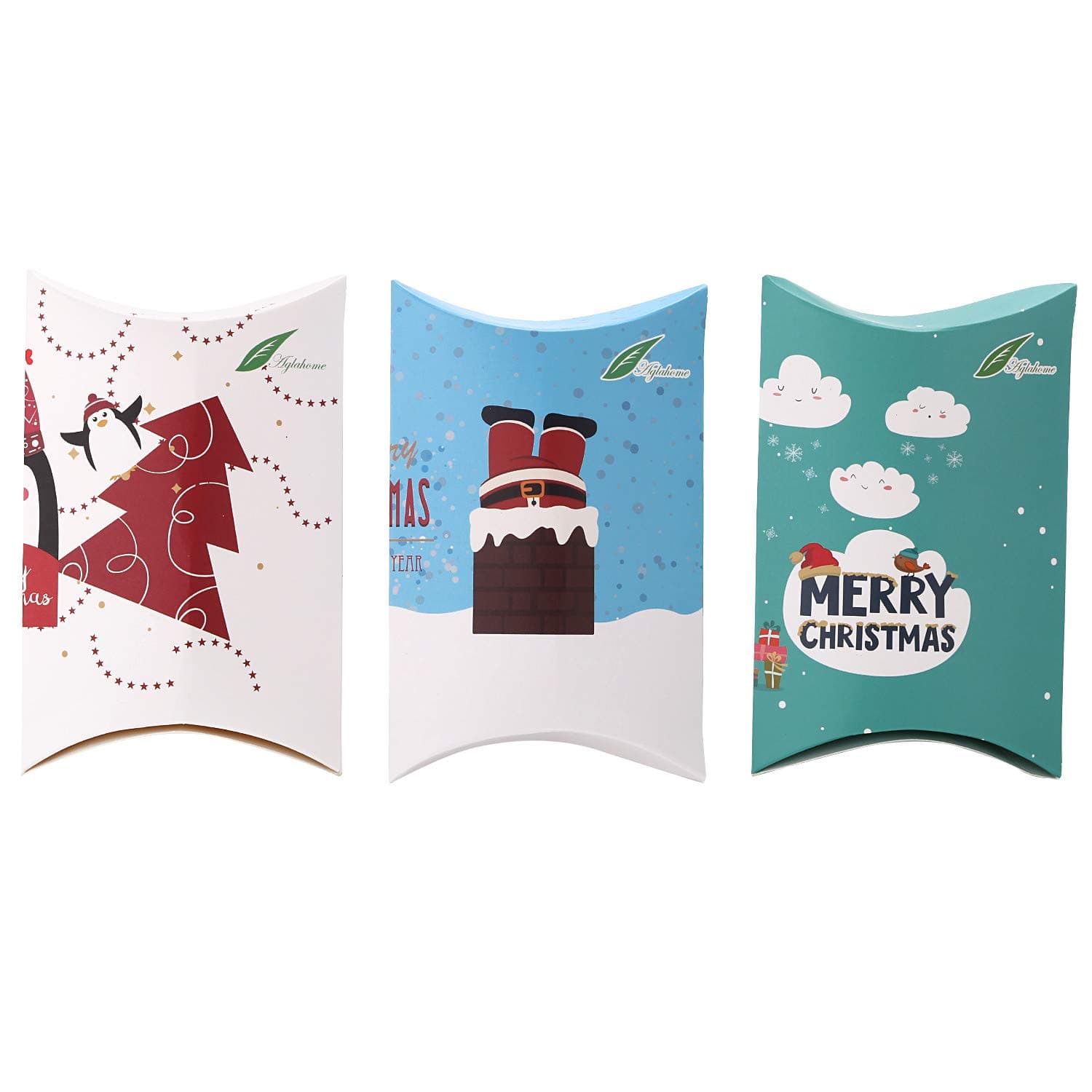 Aglahome 30-Pack Christmas Candy Boxes Kraft Paper Pillow Boxes, 4.7" x 3.7" x 1.2" Small Goodie Treat Gift Boxes, 3 Holiday Designs