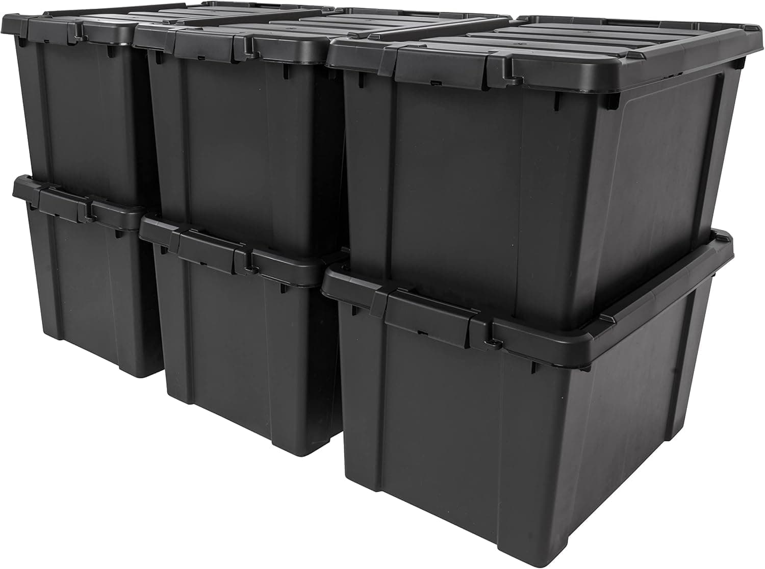IRIS USA 20 Gallon Lockable Storage Bins with Lids, 6 Pack - Made in USA, Heavy Duty, Stackable Containers, Garage Organizing Bins Moving Tubs, Rugged Sturdy Equipment Utility Box - Black