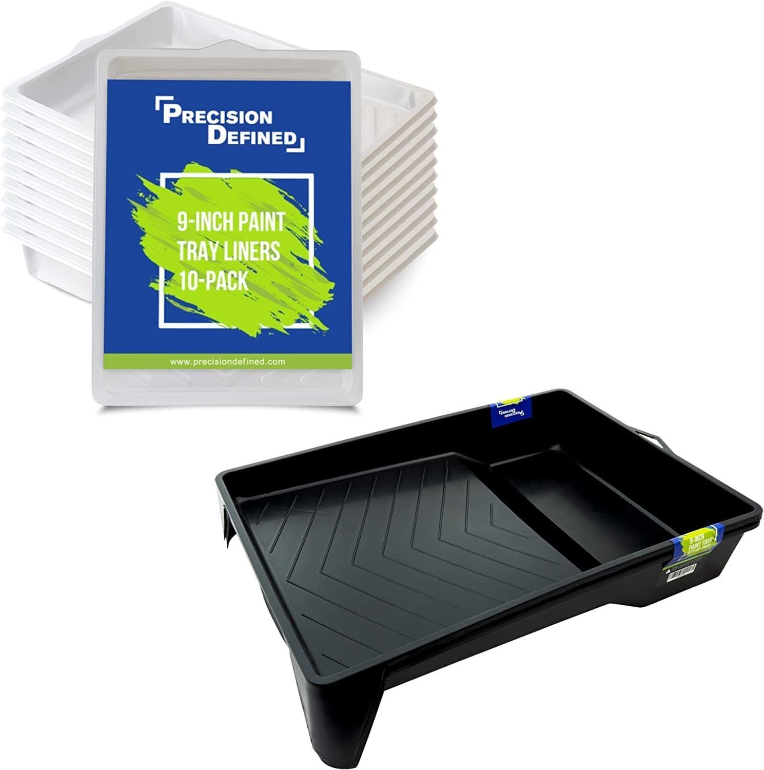 Precision Defined 9-Inch Paint Tray Liner Set, Supreme Paint Roller Trays with Deep Paint Pockets and Textured Ridge - Durable Heavy Duty Plastic (12-Pack)