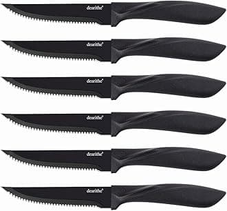 Steak knives set of 6, Black Serrated Stainless Steel Sharp Blade Flatware Steak Knife Set, 4.5 Inches,Non stick coating for Anti-rusting, for Restaurant Tableware Kitchen Camping