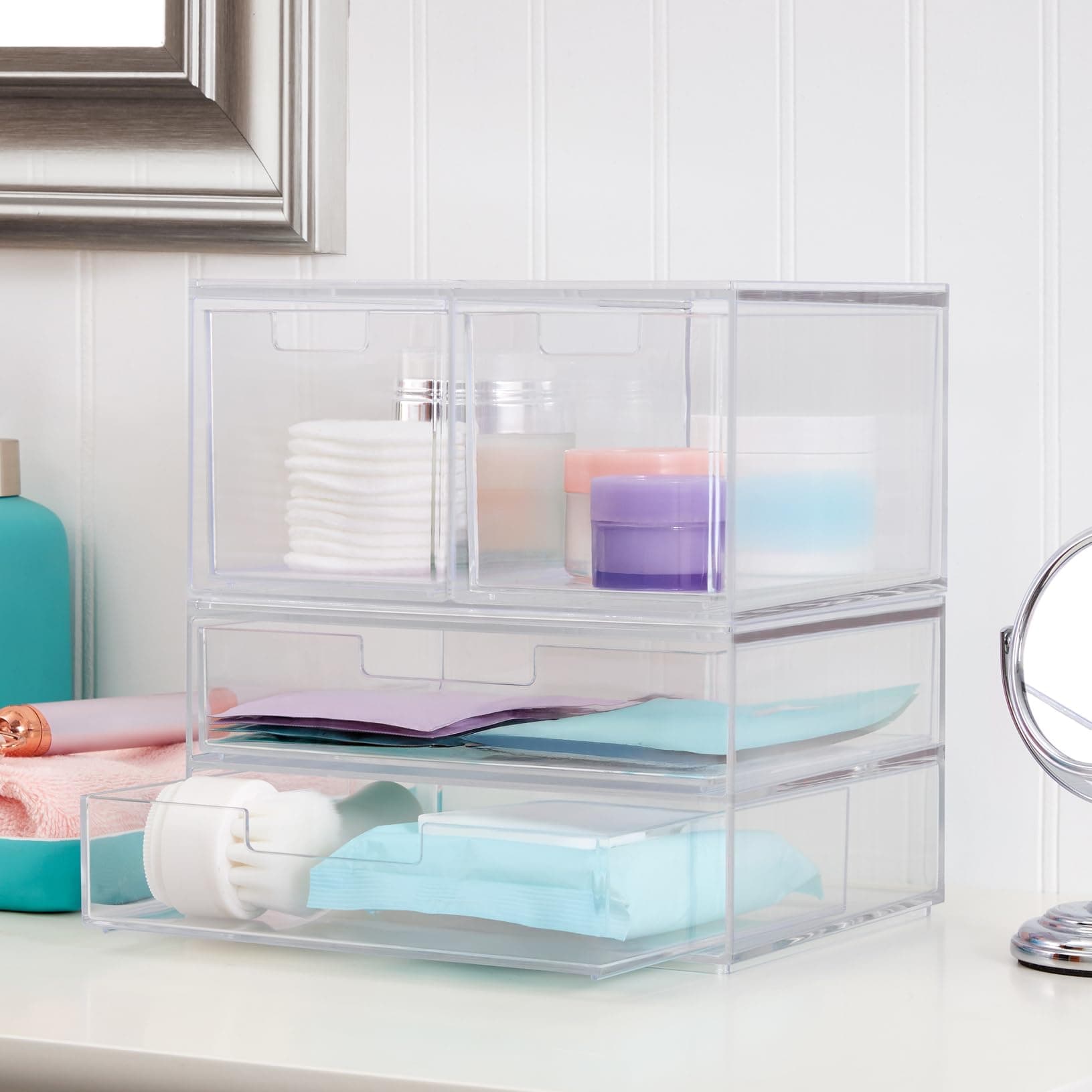 STORi Chloe Space-Saving Clear Drawer Organizer (4 Drawer Set) Sort Office, Kitchen, Beauty Supplies, Makeup, Pens, Jewelry, Stationary, Made in USA