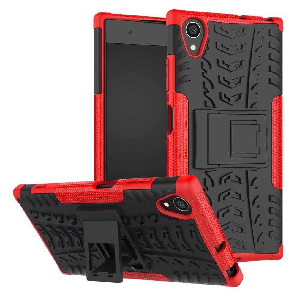 Soosos case for Sony Xperia XA1 Plus case With Kickstand hybrid heavy duty 2 in 1 Anti-fall protection Cover Hyun pattern design TPU shockproof phone case (Red)