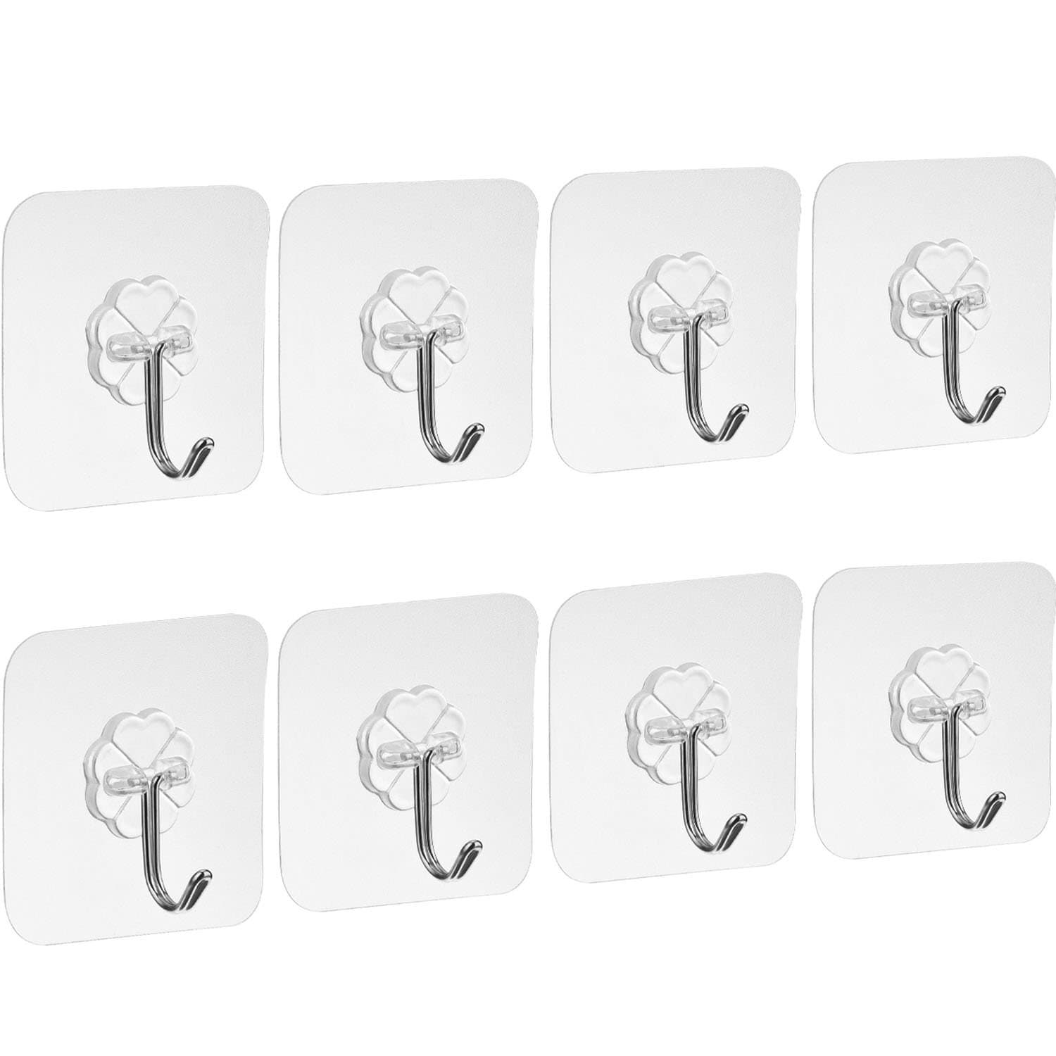 WILLBOND Adhesive Wall Hooks Nail Free Transparent Hooks for Kitchen Bathroom Door Ceiling Hanger (8 Pack)