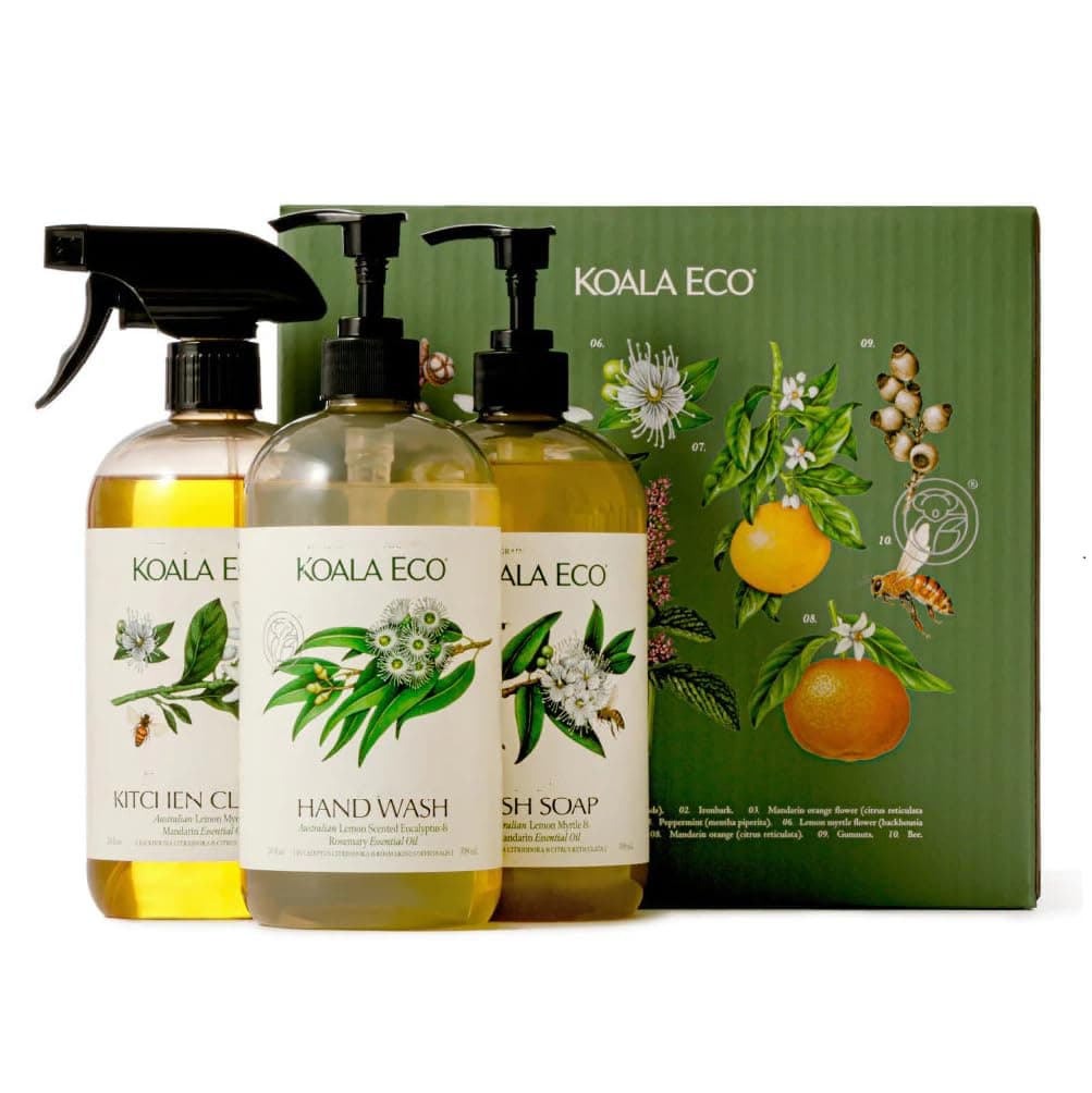 Gift Set of 3 Includes: Kitchen Cleaner, Dish Soap, Hand Wash, Beautifully Packaged - Australian Lemon Eucalyptus, Lemon Myrtle & Rosemary Essential Oil, 16 oz (3 Pack)