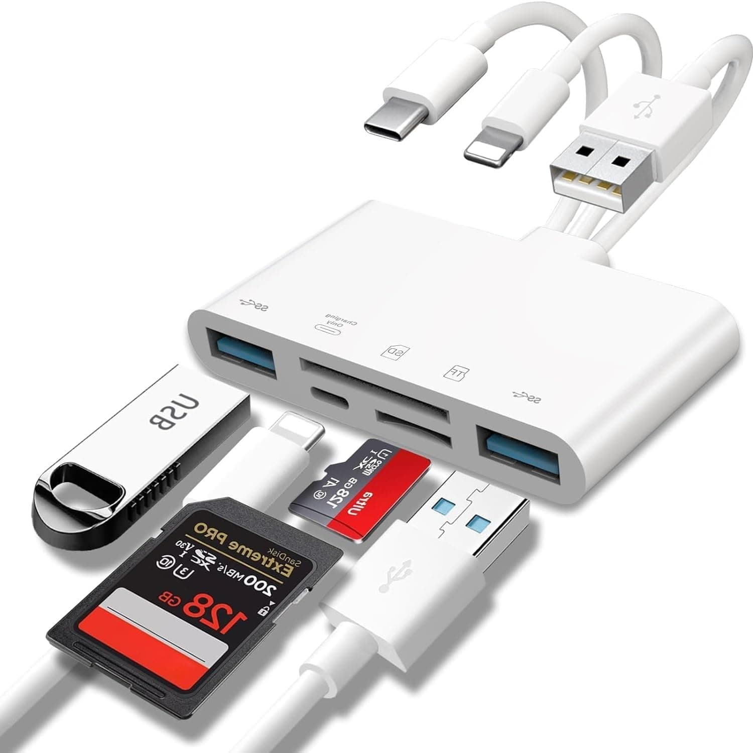 STAYOUNG 5-in-1 Memory Card Reader - USB OTG Adapter & SD Card Reader for iPhone, USB C and A Devices - Portable Camera Adapter (White)