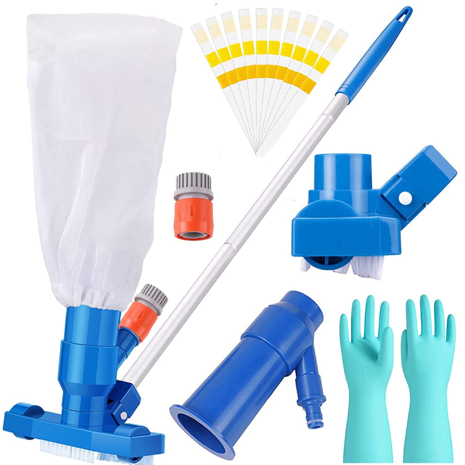 Pool Vacuum Cleaner Kit,2023 Swimming Pool Vacuum Cleaner Portable Cleaning Tool Kit Spas Fish Pond Fountain Vacuum Cleaner Brush Hot Spring Vacuum Cleaner with Cleaning Gloves & PH Test Strips