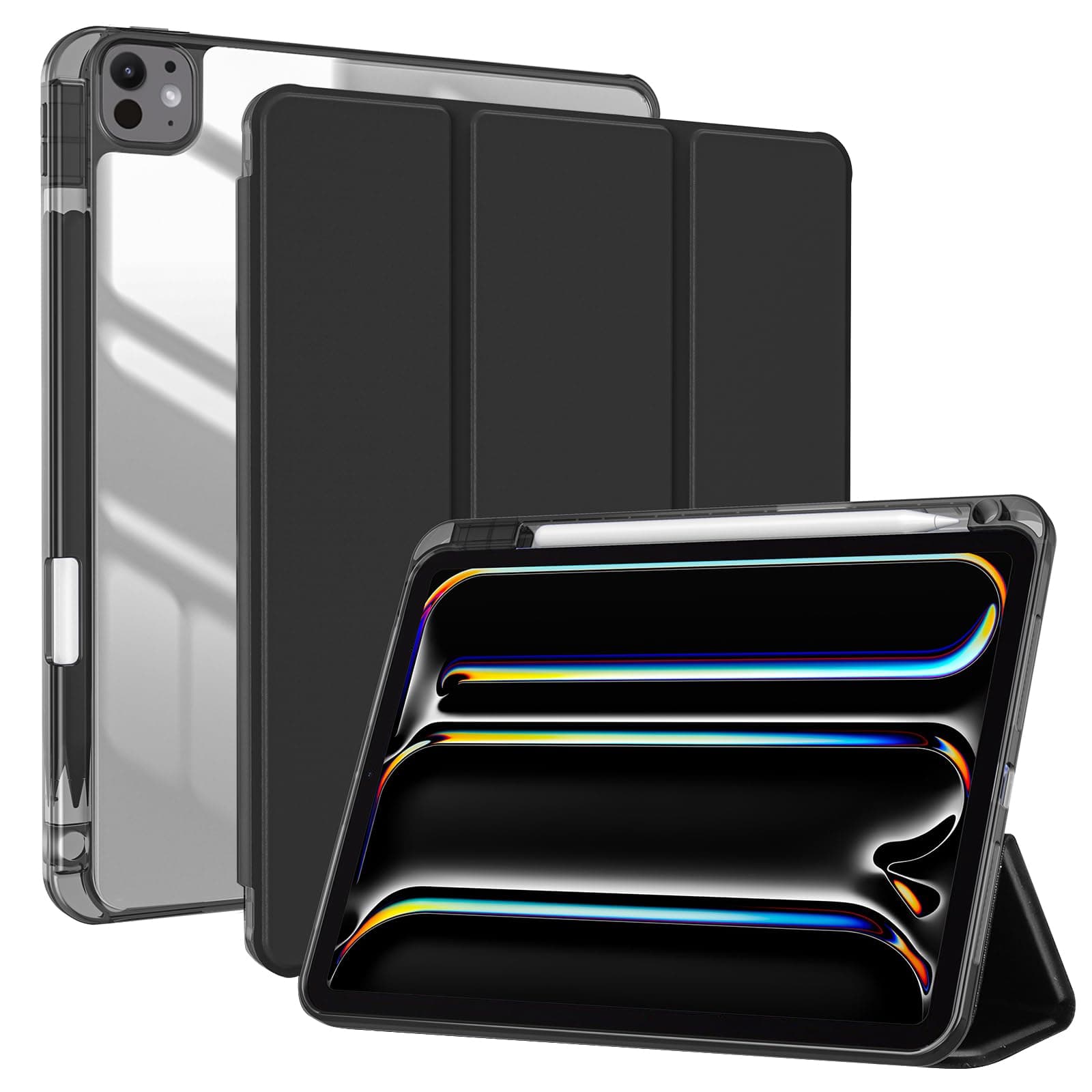 ProCase for iPad Pro 13 Inch Case M5 2025/ M4 2024 with Pencil Holder, Slim Stand Clear Shell Back, Shockproof Cover iPad Pro M5 M4 Case 13 Inch, Supports Touch ID, Auto Wake/Sleep -Matte Black