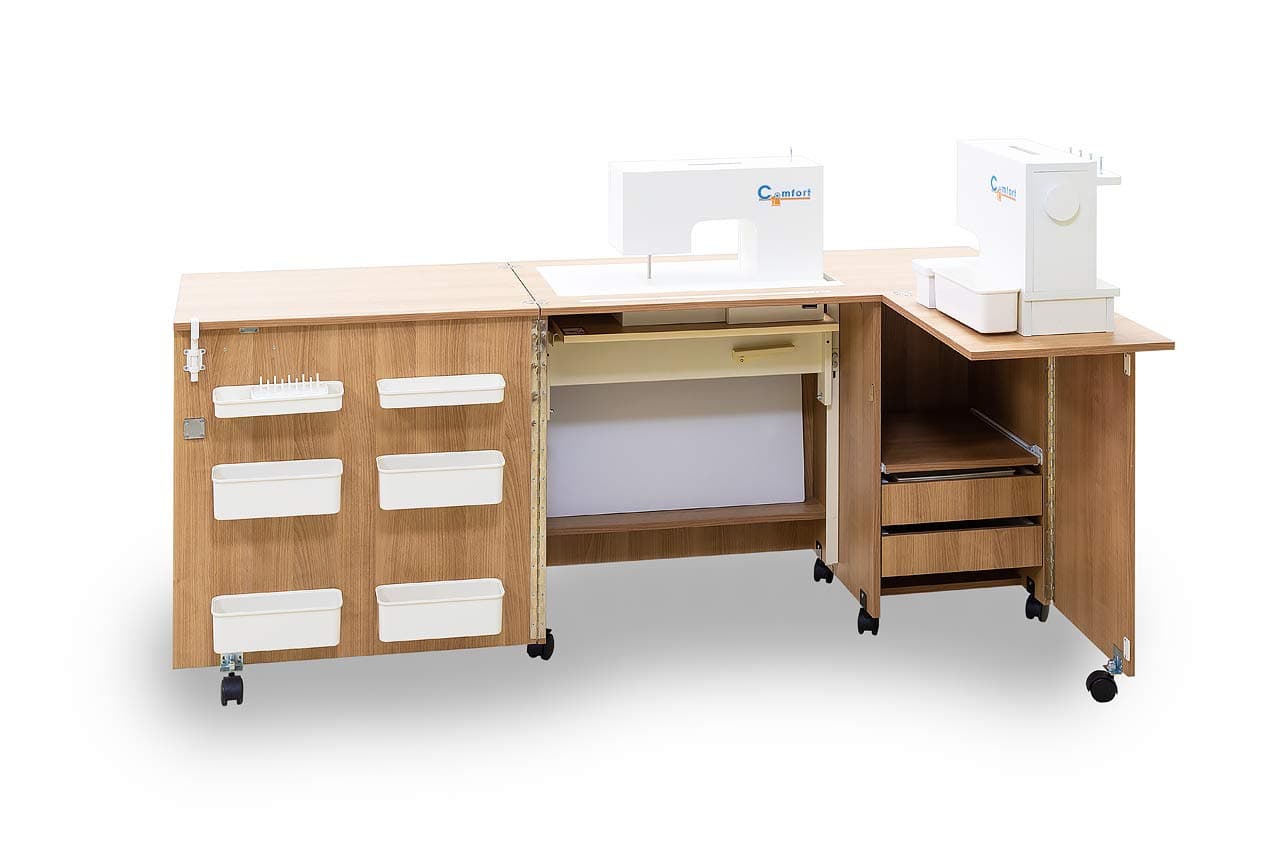 Comfort 5+ | Sewing Machine Overlock Cabinet Quilting Patchwork Desk Craft Table | (Lakeland Acacia Light, L (Air-lift 10 to 15 kg))