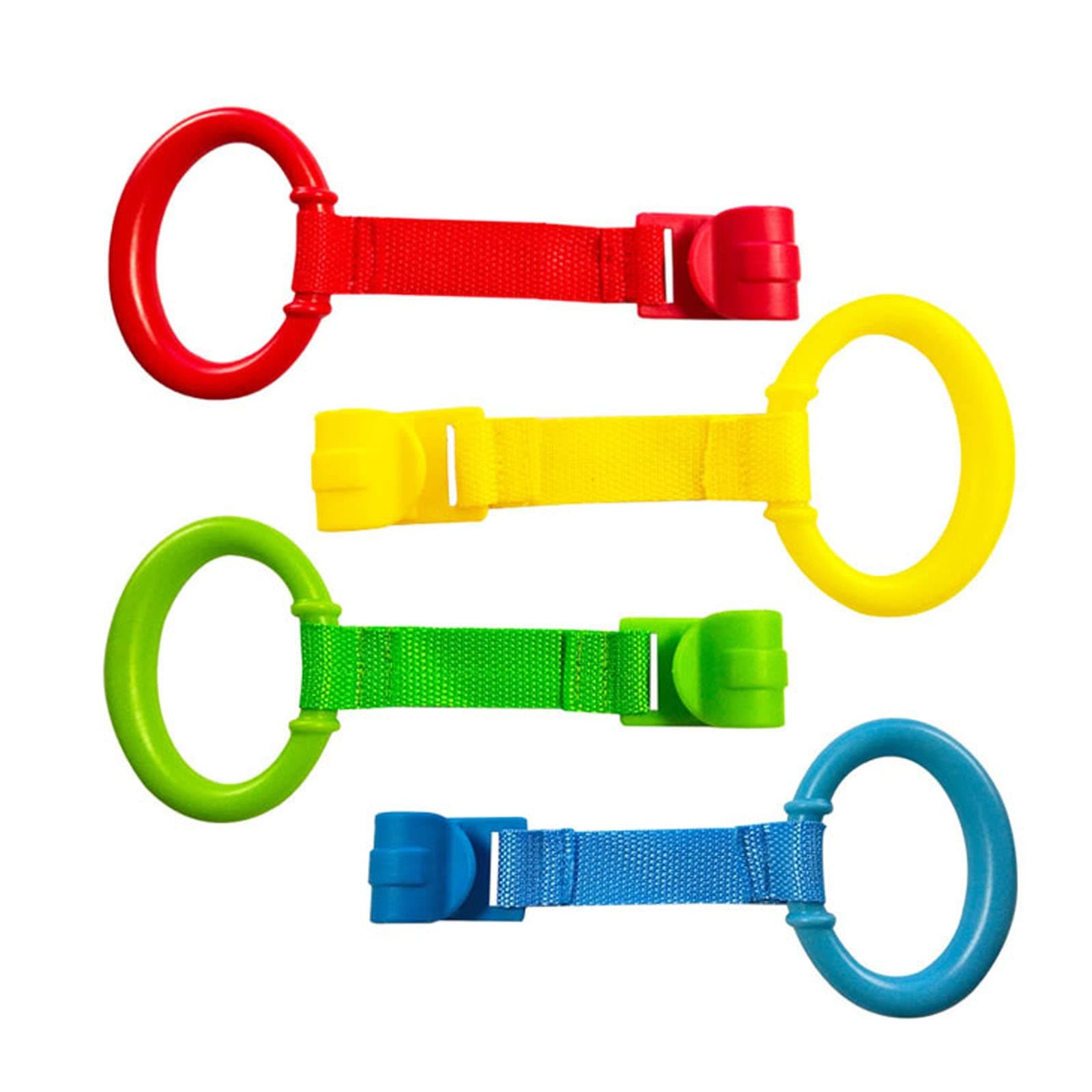 4 Pack Baby Pull Up Rings for Playpen Mixed Colors Crib Hooks for Toddler Standing Training Safety Walking Assistant & Baby Harness for Walking Learning Nursery Bed (red,Yellow,Blue,Green)