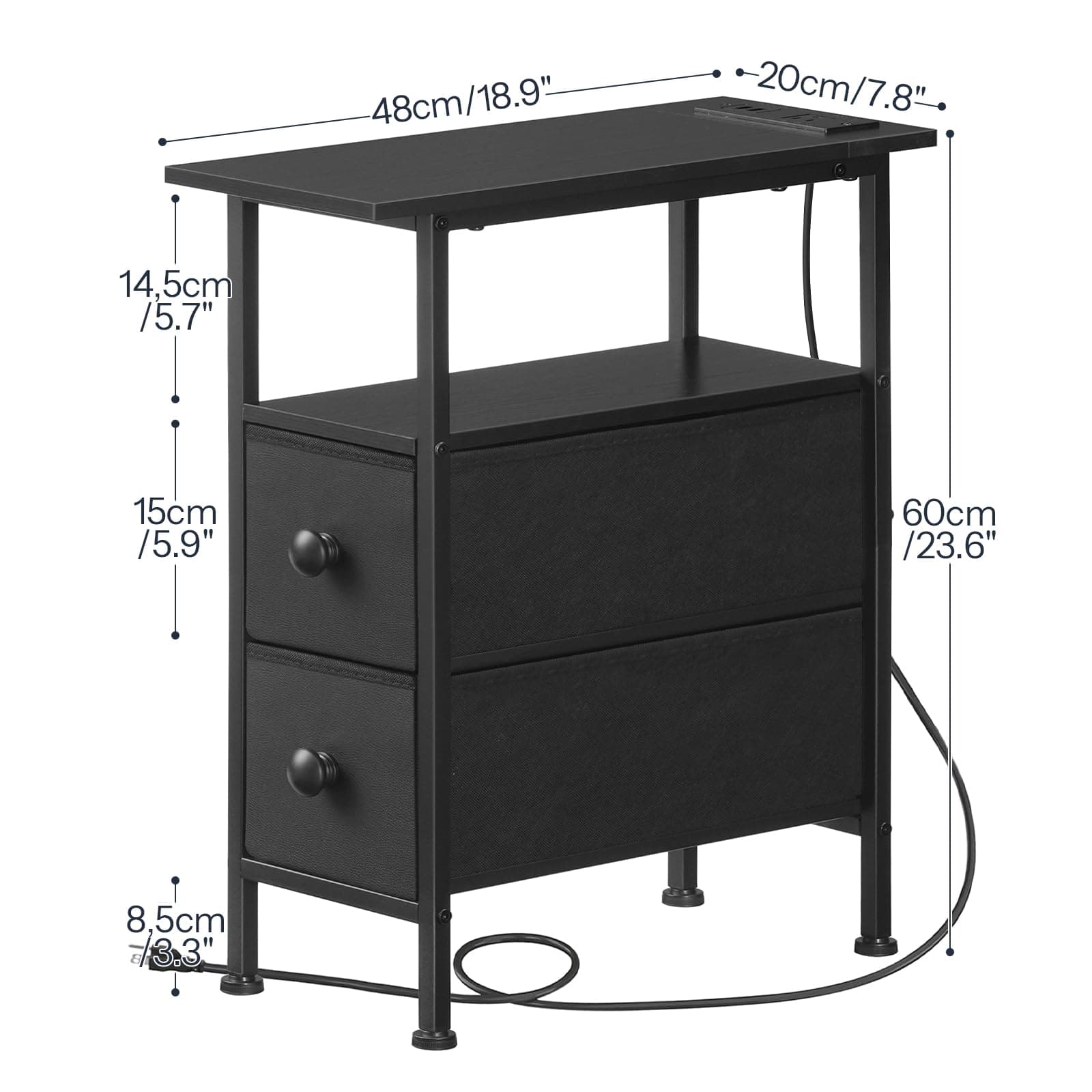 HOOBRO End Table with Charging Station, Narrow End Table with 2 Fabric Drawers, Slim Nightstand with Storage Space, Slim Nightstand for Bedroom, Living Room,