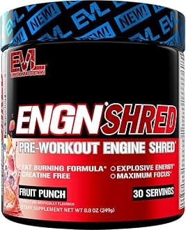 EVL Ultimate Pre Workout Powder - Thermogenic Fat Burn Support Preworkout Powder Drink for Lasting Energy Focus and Stamina - ENGN Shred Intense Creatine Free Preworkout Drink Mix - Fruit Punch