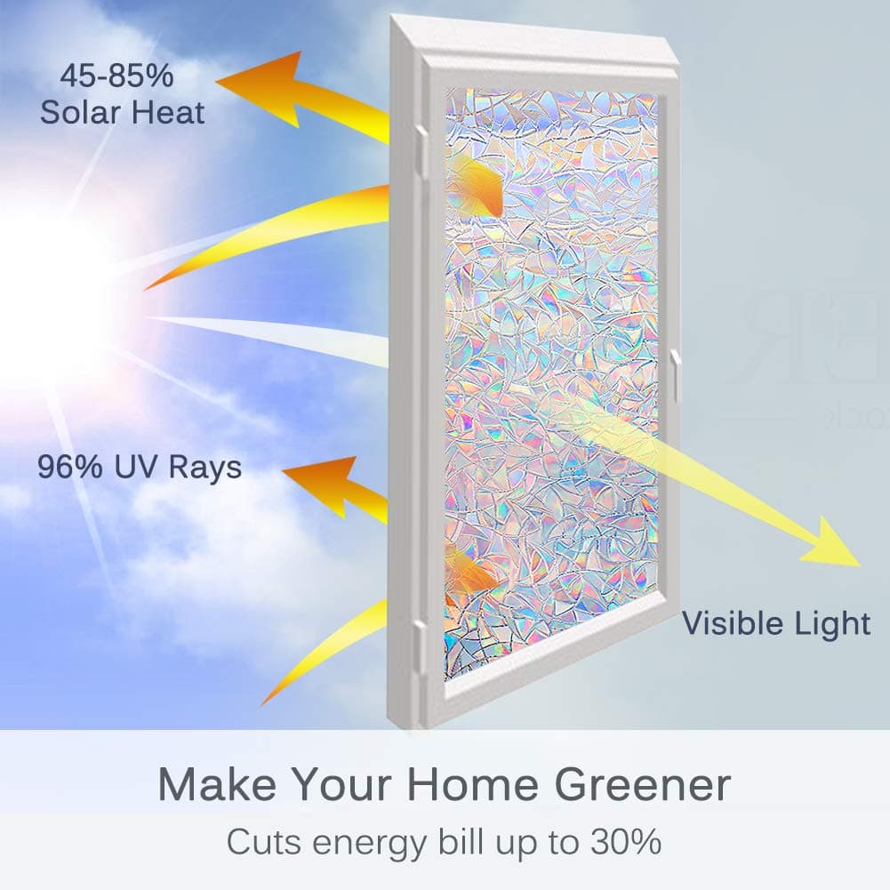 Volcanics Window Privacy Film with Installation Tools, Static Window Clings Vinyl 3D Decals Stickers Rainbow Window Film for Glass Door Home Heat Control Anti UV 23.6 x 78.7 Inches