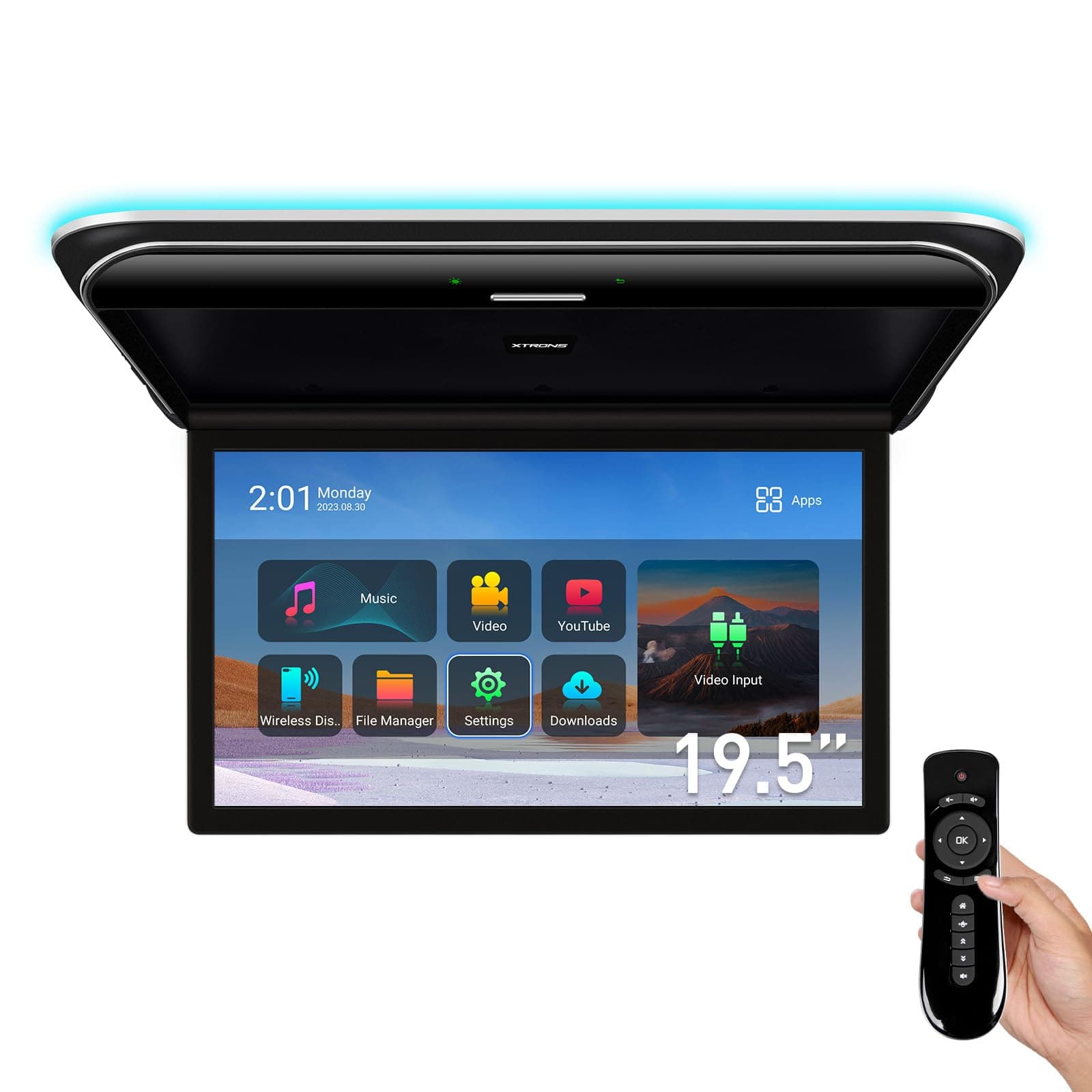 Android Car Overhead Player 19.5 Inch Wide IPS Screen 8K Video Car Roof Mount Monitor with Built-in Stereo Speakers Flip Down Overhead Car Monitor Support WiFi, HDMI Input, USB, RCA Input