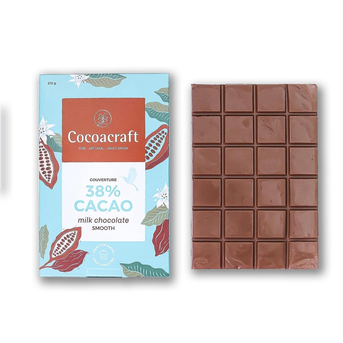 Cocoacraft 38% Milk Chocolate Couverture (210g) Dark Chocolate Baking Bar | 100% Natural| Handmade Artisanal Couverture from Kerala| Easy for Snacking, Making Chocolates, Cake Toppings.