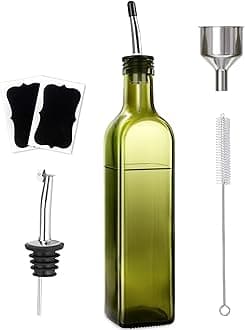 Olive Oil Dispenser Bottle, 1 Pcs Green Glass Olive Oil Dispenser and Vinegar Dispenser Set with 2 Stainless Steel Pourers, 2Labels,1 Brush and 1 Funnel Oil Bottles for Kitchen, 17 oz(500ml)