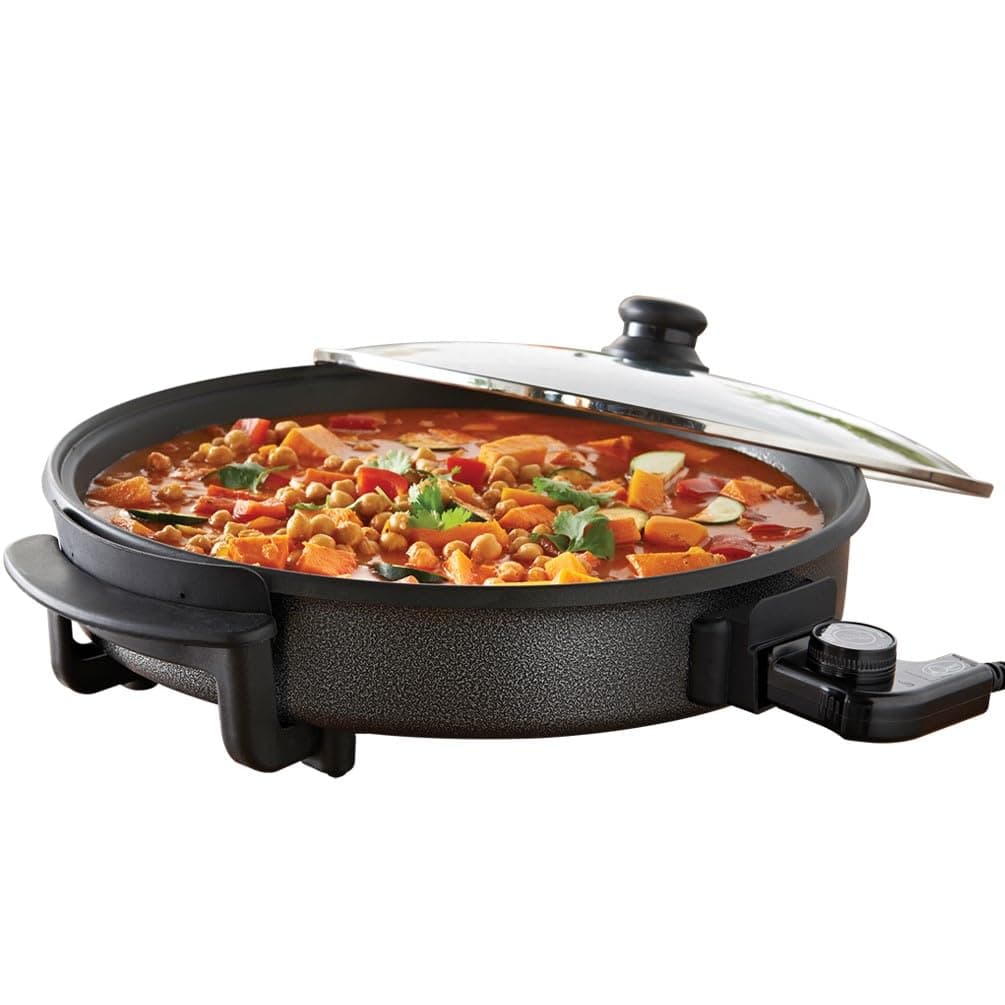 Quest 35500 40cm Multi-Function Electric Cooker Pan with Lid/Adjustable Thermostatic Control/Non-Stick Aluminium Electric Frying Pan / 40 x 40cm Surface/Detachable Power Cable for Serving