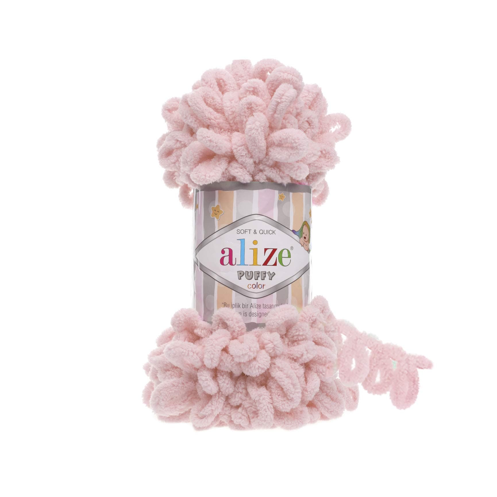 Alize Puffy Knitting Yarn 100 g, Patented Innovation, Loop Knitting without Needles, Colour: 161 Powder Pink