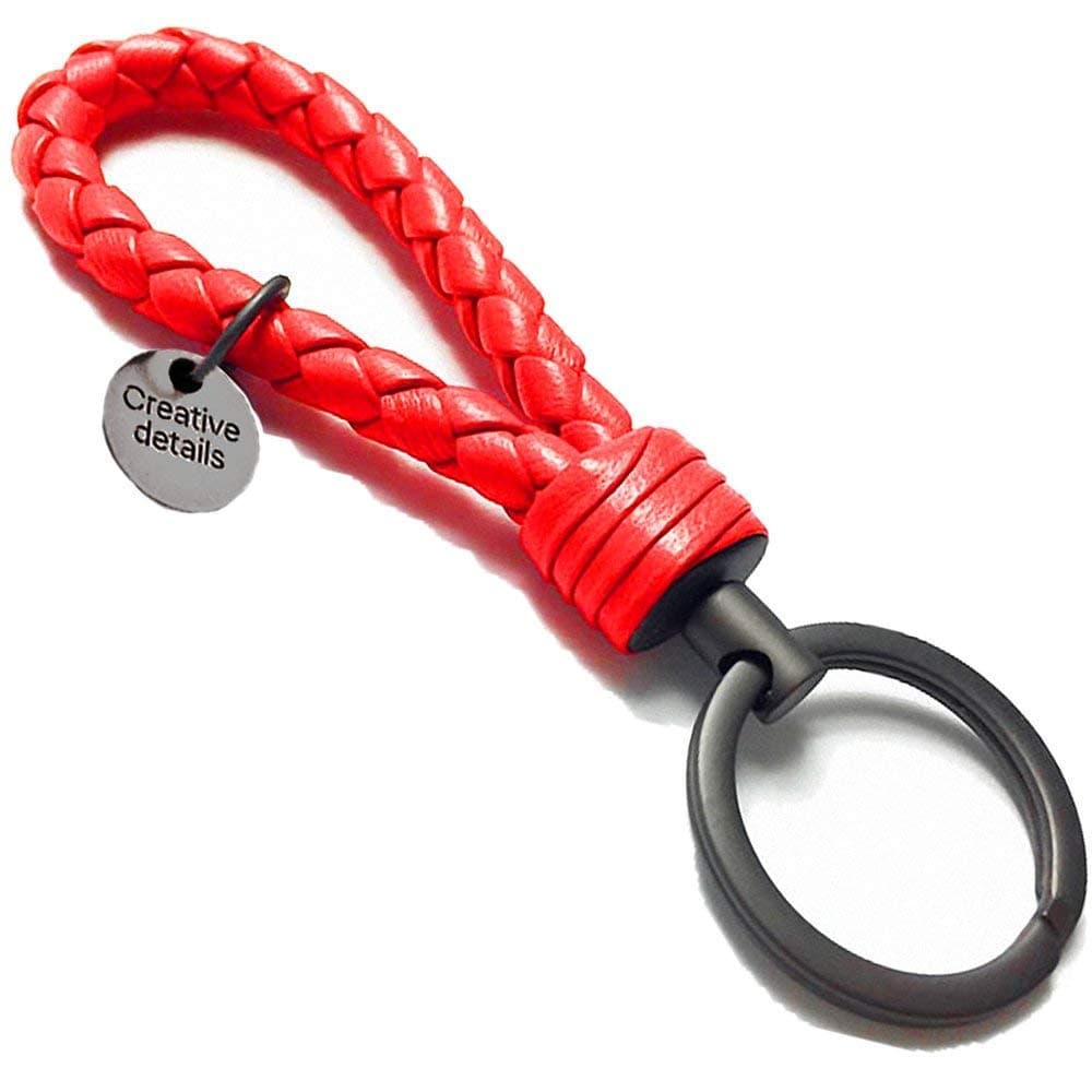 Braided Leather Keychain Handmade Keys Chains Strap for Car Key Office and Home with Alloy Key Ring (Red)