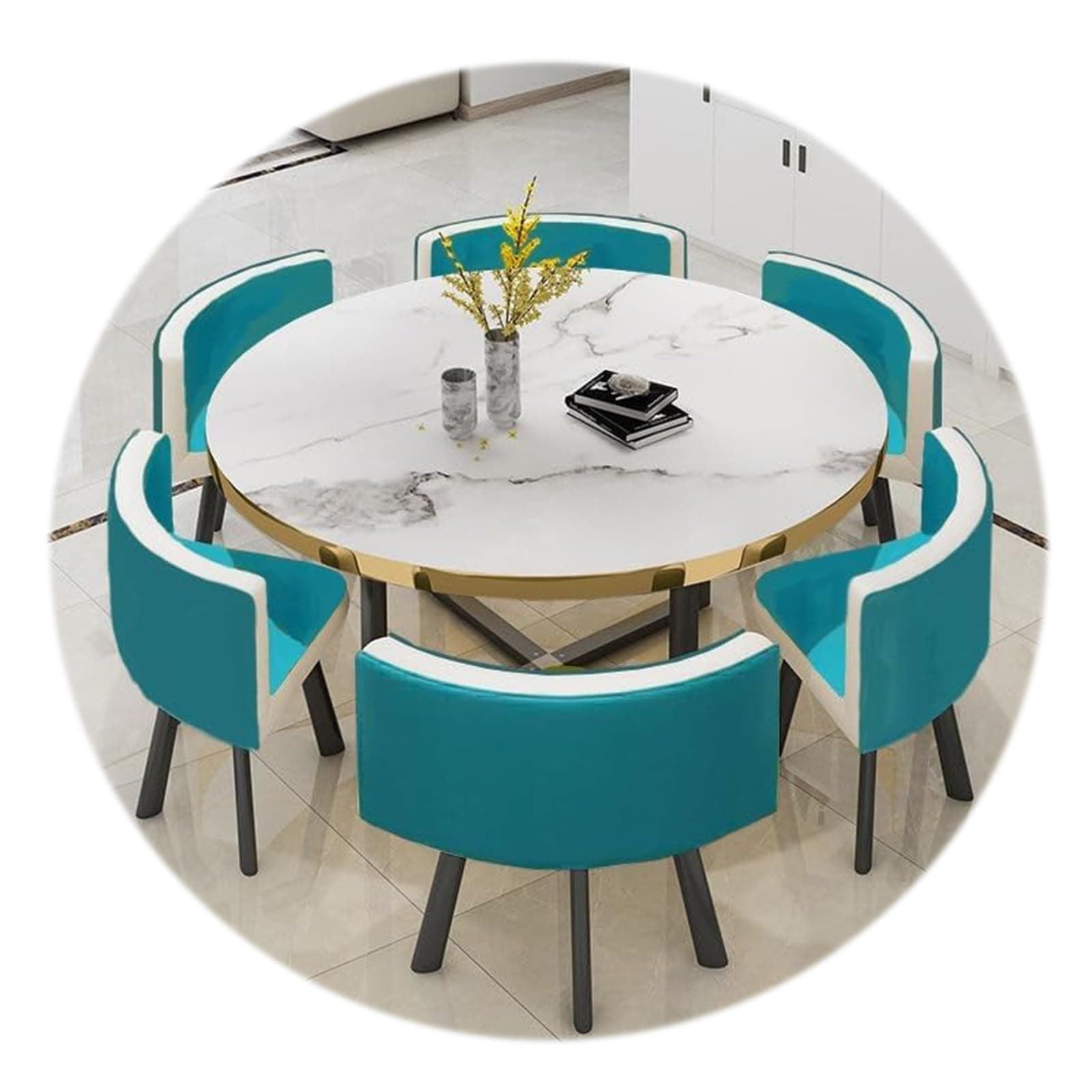 RUANLOV Round Dining Table Set,7-Piece Set With 6 Dining PU leather chairs for Home, Kitchen, Restaurant, Pub, Living Room (E 120CMX120CMX75CM)