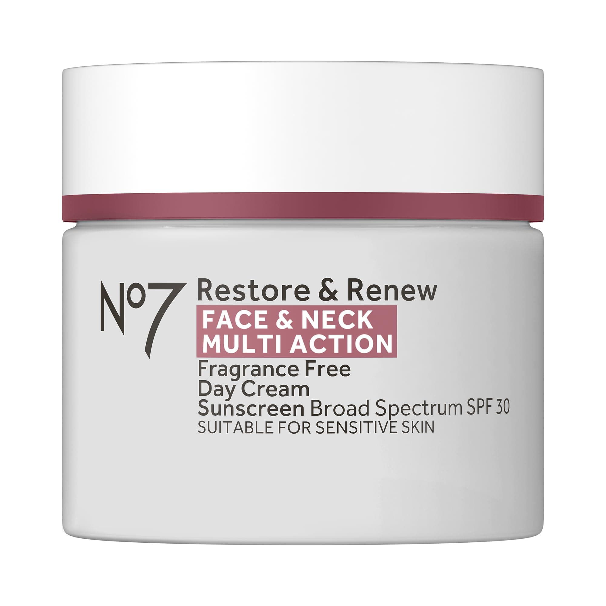 No7 Restore & Renew Multi Action Face & Neck SPF 30 Day Cream - Firming & Hydrating Face Moisturizer with Hyaluronic Acid to Help Reduce the Appearance of Wrinkles - Fragrance-Free (1.69 Fl Oz)