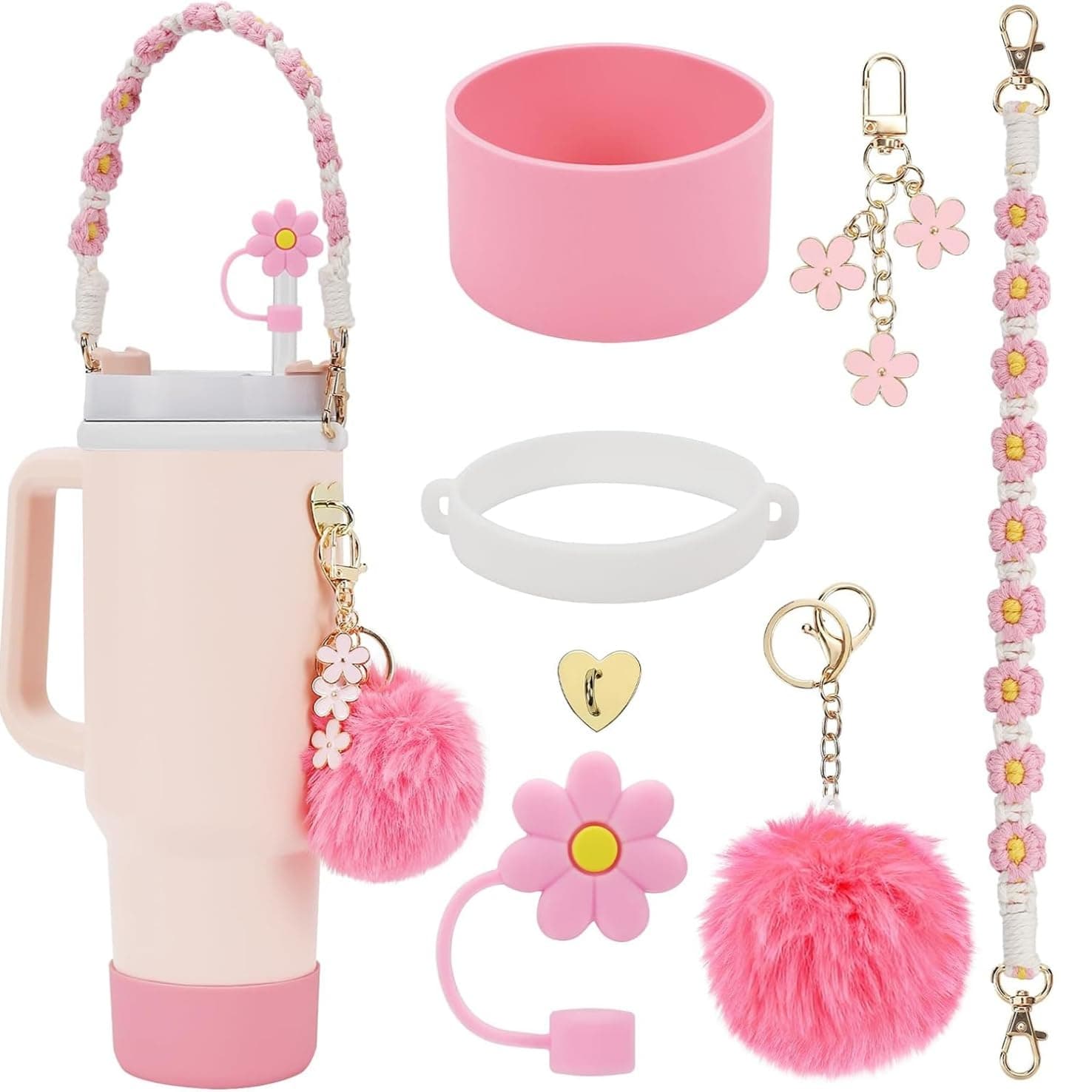 LCHYI Stanley Cup Accessories Set - Handle Strap, Straw Lid, Sheath, Charm for 40 Oz and 30 Oz Tumbler (Pink)