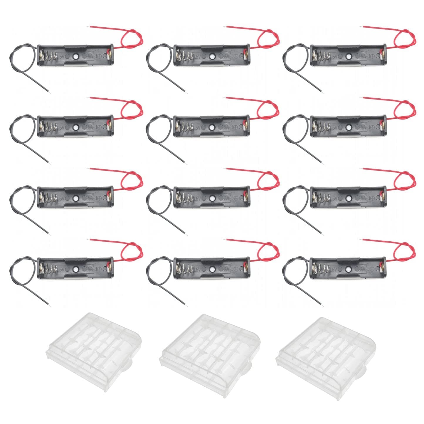 JZK12PCS Single AA Battery Holder with Wire Leads, plastic AA cell battery holder case with leads, 1.5V AA Battery Holder Box, plus 3 Cell Battery Storage Case