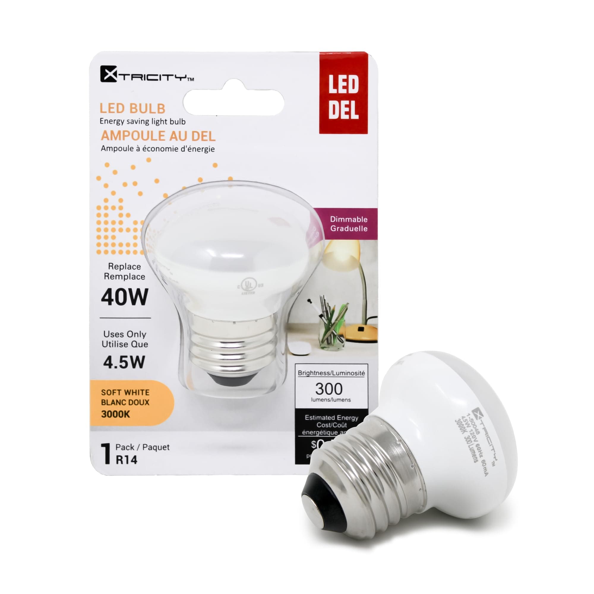 Xtricity R14 Dimmable LED Light Bulbs, E26 Base, 4.5W (40 Watt Equivalent), 3000k Soft White, 300 Lumens – Curio Cabinet Lighting, China Cabinet Lights - Mini Light Bulbs, RoHS Compliant (1 Pack)