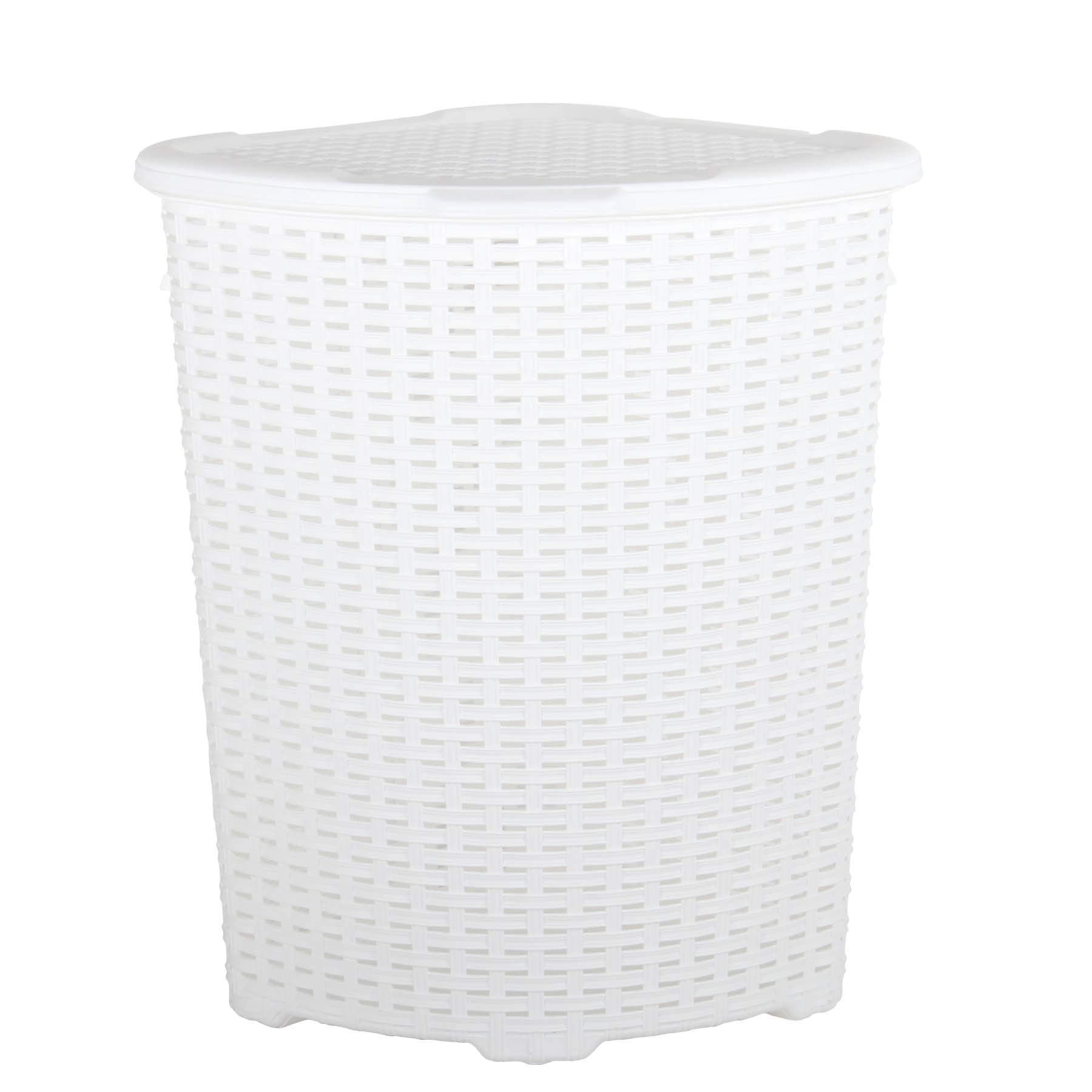 Rattan Corner Shape Laundry Basket 52L Multi Storage With Cover (White)