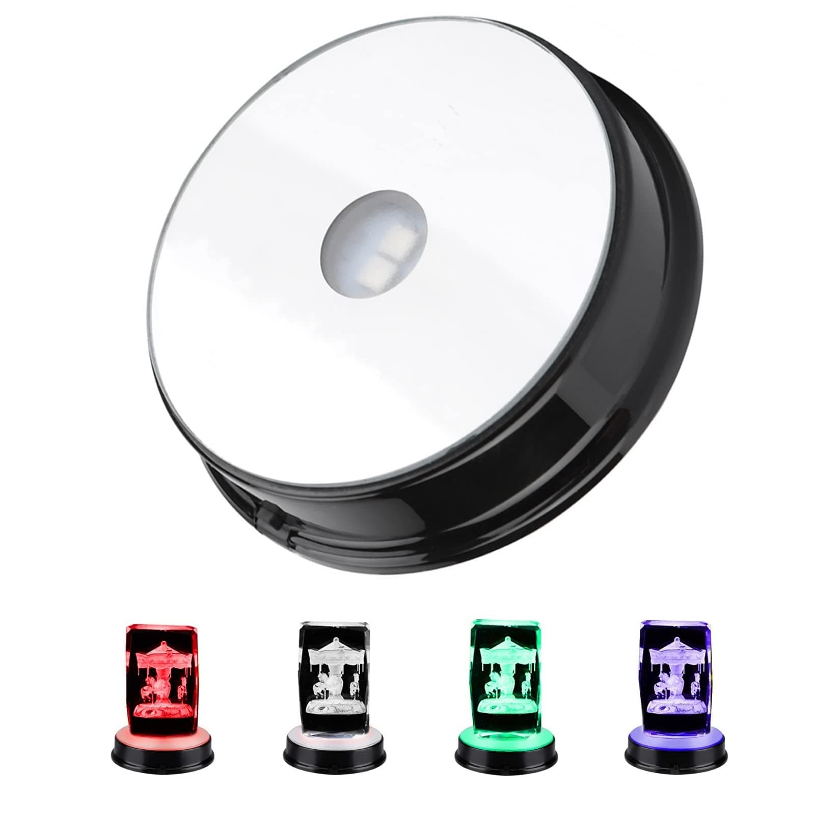 Led Light Stand Base, Circular Display Pedestal with Seven Color Led Light Battery Operated for 3d Crystal Glass Art 3.3 Inch Diameter Illuminated Holder Small Rock Lamp