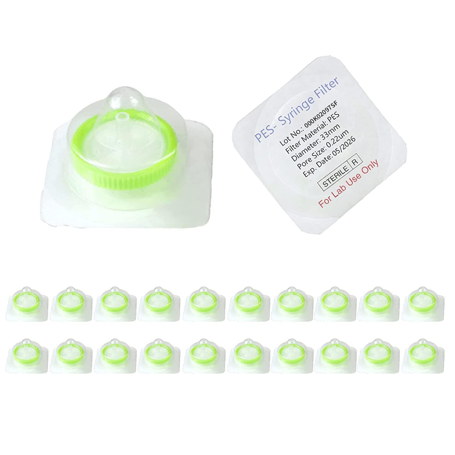 20 Pack Syringe Filter Sterile PES Membrane 33mm Diameter 0.22μm Pore Size, HPLC and GC Needle Filter, High Throughput Lab Filtration for Biomed Scientific