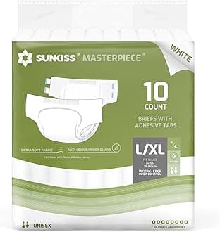 SUNKISS Masterpiece Adult Diapers with Tabs, Unisex Disposable Incontinence Briefs for Women and Men, Odor Control, White, Large/XLarge, Previously Large, 10 Count