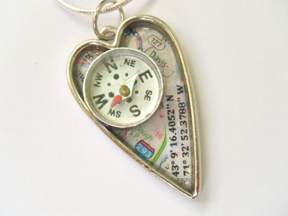 Custom Coordinates Heart Compass Map Pendant Necklace