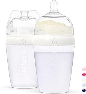 INTTERO Baby Bottles with Built-in Formula Dispenser, Anti-Colic Wide Neck Design for Newborn Feeding and Everyday Baby Essentials, 9 Oz Medium Flow (2 Pack), Stylish White