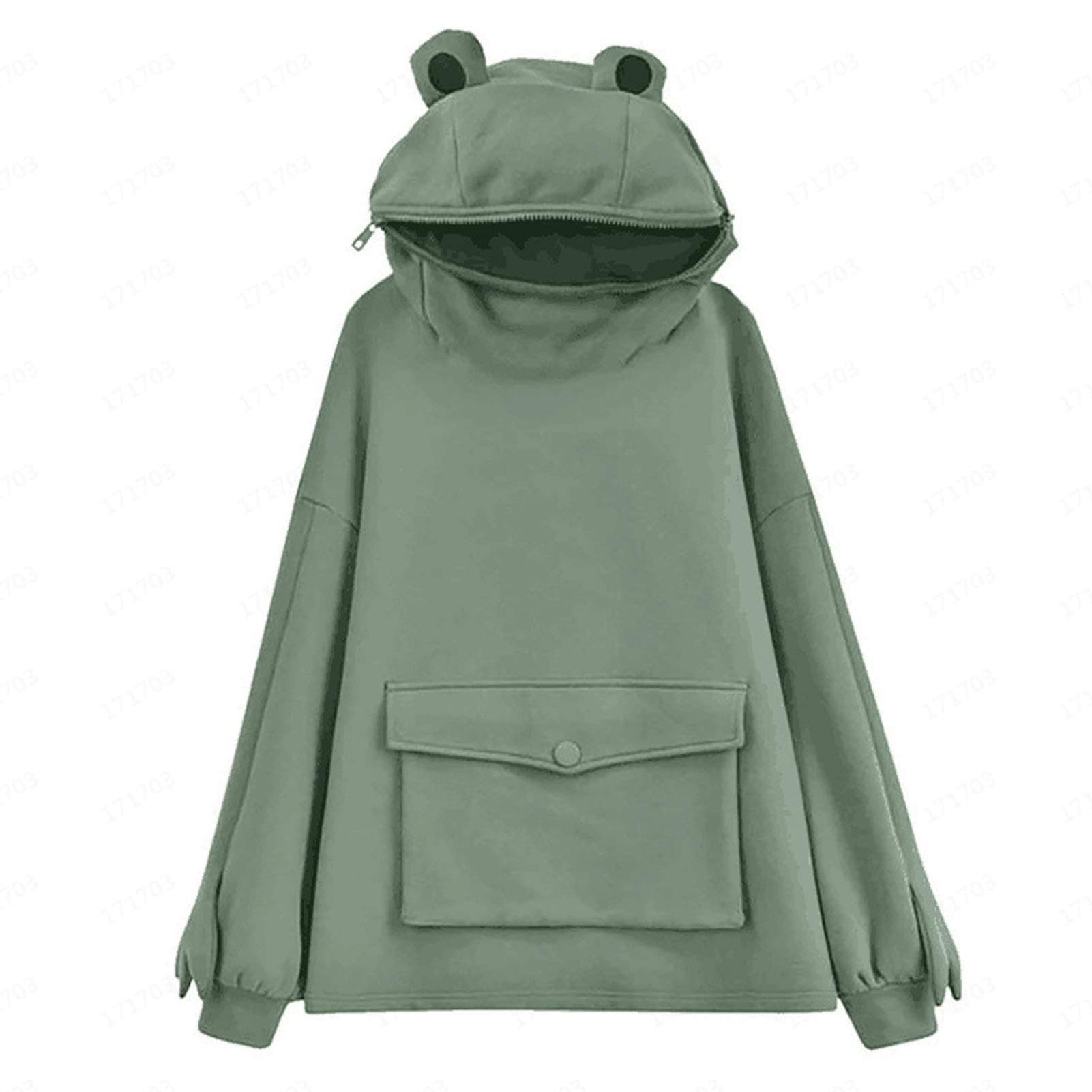 Cute Frog Hat Pullover For Womens Three-Dimensional Pocket Hoodies Stitching Design Sweatershirt (Size : Large)