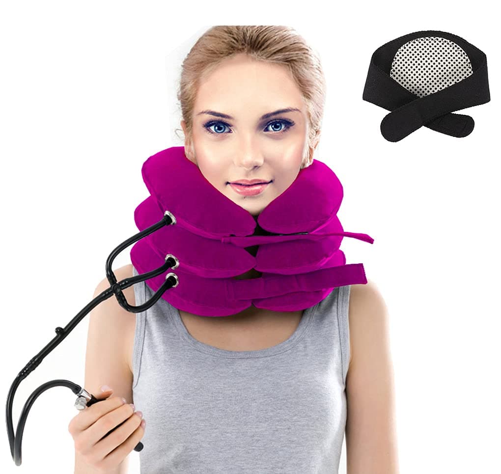 Cervical Neck Traction Device, 3 Layers Inflatable Adjustable Brace Stretcher Posture Corrector, Air Pump Support, for Pain Relief, Spine Alignment (Steel Ball Stopper)+Neck Brace, Rose Red