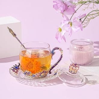 Tea Mugs for Women Purple Tea Cups with Lid Spoon Saucer Crown Glass Coffee Mug Mothers Day Gifts Thanksgiving Christmas Gift(12oz Crown)